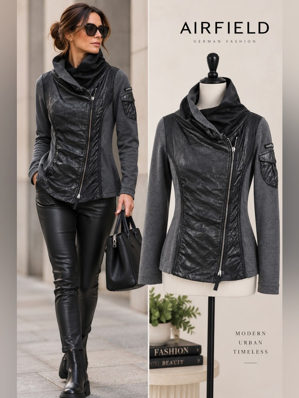 AIRFIELD Asymmetrical Moto Jacket Dark Gray Black Utility Detail